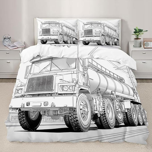 Tanker Truck Duvet Cover Full Size Mechanical Vehicle Bedding Set Black White Mechanical Cars Comforter Set Industrial Style Duvet Cover Soft Microfiber for Bedroom