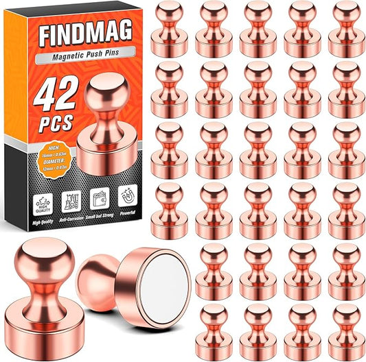 FINDMAG Fridge Magnets, Refrigerator Magnets for Whiteboard, Strong Rose Gold Magnetic Push Pins, Neodymium Locker Magnet for Office, Map, Classroom, Kitchen, Home Accessories, 42 Pack
