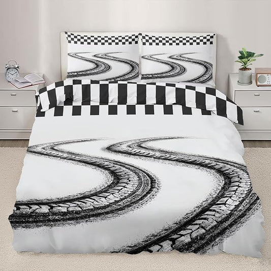 Racing Tire Track Duvet Cover Twin Size Black White Checkered Flag Bedding Set Motorsport Checkered Flag Comforter Set Sporty Motorsport Comforter Cover Soft Microfiber for Bedroom