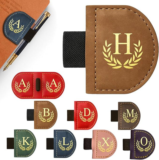 Personalized Leather Magnetic Bookmark with Pen Holder, Custom Bygone Mark Bookmark with Pen Holder, Custom Bookmarks with 26 Letters for Reading Women, Men, Teachers, Book Lovers（Brown，H）