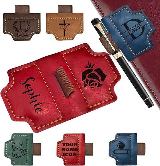 Custom Magnetic Leather Bookmark with Pen Holder, Personalized Name Book Marks Engraved Text for Reading Women Men Kids Book Lovers Gifts Travelers Notebook Accessories