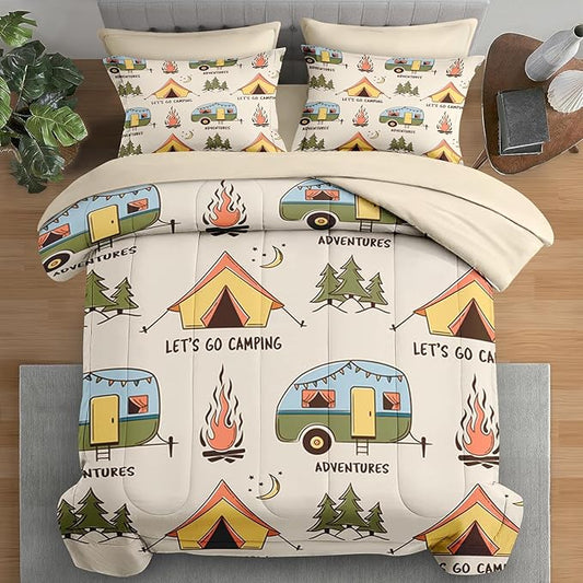 Comforter Set Full Size, Summer Camp Camper 7 Pcs Bedding for Kids and Adults, Camping Adventure Bed Sheet Sets with Fitted Sheet 2 Pillowcases & 2 Shams for Bedroom Bed Decor