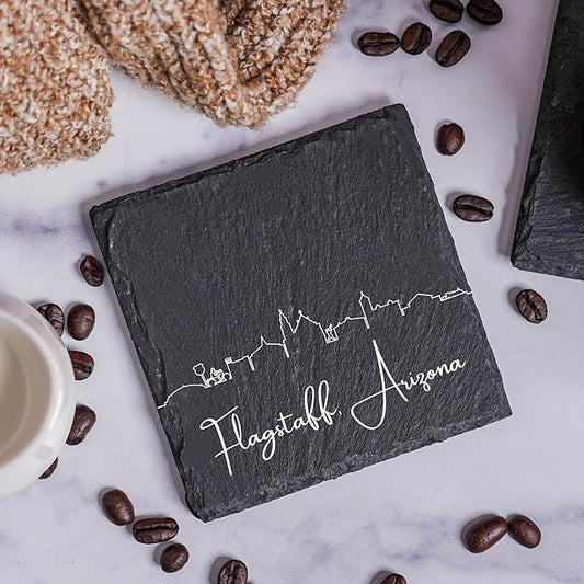 Blue Ridge Mountain Gifts - Flagstaff AZ Skyline Coasters, Set of 4 - Flagstaff Arizona Souvenir, Slate Coasters with Minimalist Skyline, Housewarming Gift for Friends, Family, & Neighbors