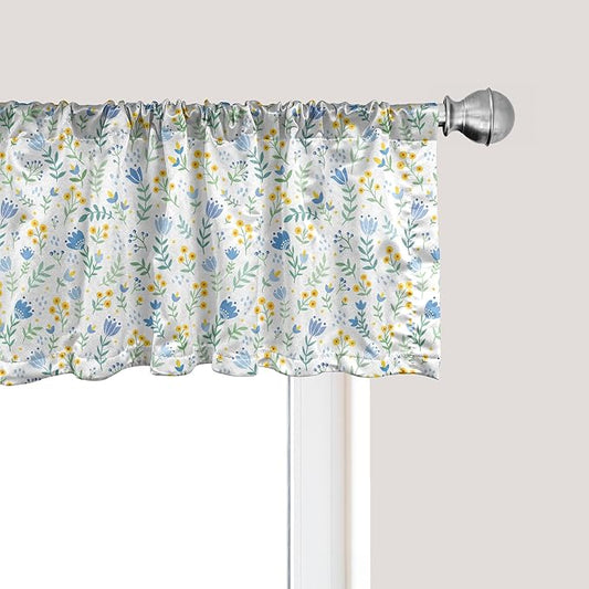 Ambesonne Tulip Window Valance, Fresh Spring Meadow Pattern with Wildflowers and Tulips Rural Nature, Curtain Valance for Kitchen Bedroom Decor with Rod Pocket, 42" x 18", Pale Green Pale Blue