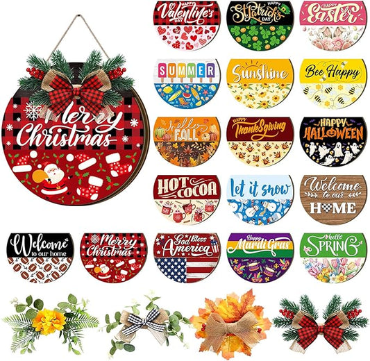 Vicenpal Interchangeable Welcome Sign for Front Door with 17 Magnetic Icons, Wooden Seasonal Front Porch Door Decor with 4 Seasonal Wreaths and 17 Changeable Icons for Holiday Party(Black)
