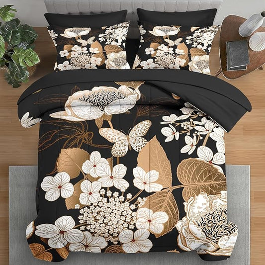 Comforter Set Queen Size, Hydrangea Butterfly Flower 7 Pcs Bedding for Kids and Adults, Black Gold Bed Sheet Sets with Fitted Sheet 2 Pillowcase & 2 Sham for Bedroom Bed Decor