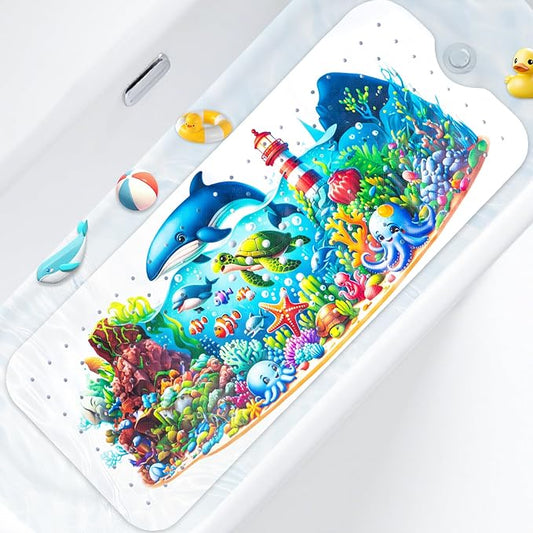 Kids Bath Mat with Ocean Theme Design, 40x16 inches, Non-Slip with 200 Suction Cups, Cartoon Sea Animals Pattern (Turtle+Whale, 40 * 16in)