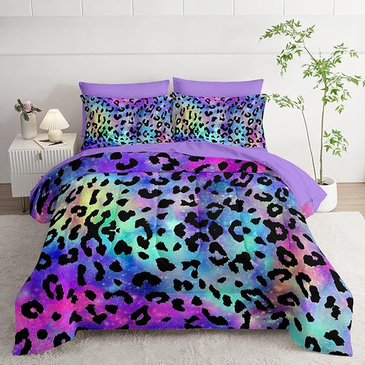 7Pcs Comforter Set Purple Leopard Printed Bedding Set with 1 Comforter, 1 Flat Sheet, 1 Fitted Sheet and 4 Pillowcases for Boys and Girls Bedroom All Season(Queen)