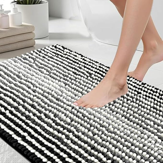 HDFK Bath Mat & Bathroom Rug - Soft Chenille Shower Carpet, Super Absorbent Non-Slip with Odorless Hot Melt Base, Slim Striped Design for Bathtub Floors Machin Washable (24x16 Inch, Black & White)