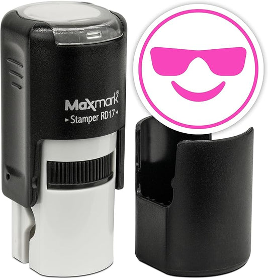 MaxMark Round Self Inking Emoji Stamp - Sunglasses - Pink Ink