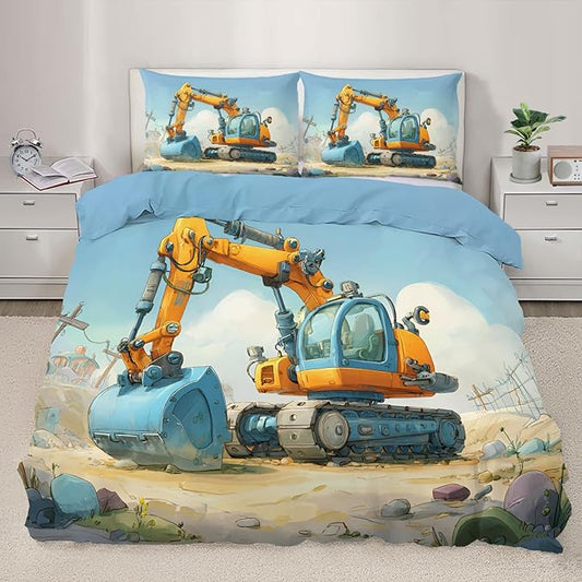 Cartoon Excavator Bedding Set Full Size Kids Construction Vehicle Duvet Cover Engineering Vehicle Comforter Cover Construction Machinery Bedding Set Soft Microfiber for Bedroom