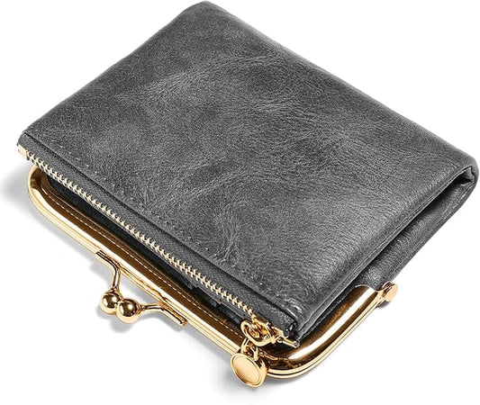 Wallet Women Small RFID Blocking Bifold Leather Wallets for Women Vintage Coin Purse With Zipper and Kiss Lock