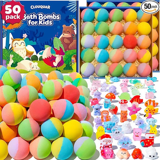 50 Pack Bath Bombs for Kids with Surprise Inside, Some Glow-in-The-Dark Toys, Natural Kid-Safe Handmade Fizzy Bath Balls, Fun Gift Set for Boys & Girls, Great for Christmas or 2025 Advent Calendar