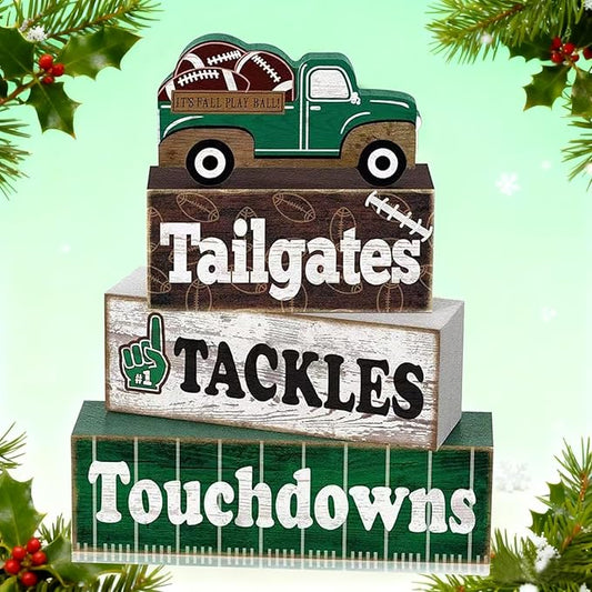 4 Pcs Football Decor, Rustic Football Wooden Signs for Room, Table, Shelf, Locker Room, Sports Centerpieces for Bedroom, Living Room, Coach & Senior Night Gifts