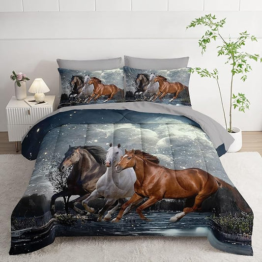 7Pcs Comforter Set 3D Western Horses Printed Bedding Set with 1 Comforter, 1 Flat Sheet, 1 Fitted Sheet and 4 Pillowcases for Boys and Girls Bedroom All Season(Horses Twin)