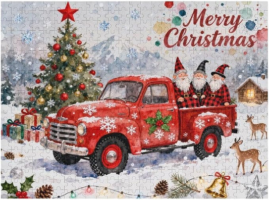 Merry Christmas-Red Car Gnomes 500-Piece Wooden Jigsaw Puzzle, Christmas Puzzle, Holiday Gnome Scene, Cozy Indoor Fun, Family Entertainment, Mindful Leisure Activity