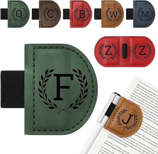 Personalized Bygone Mark Bookmark with Pen Holder,Engraving Leather Magnetic Bookmarks Vintage 26 Letters Name Initials Text Book Marker Clips Gifts for Reading Book Lovers Women (Green, F)
