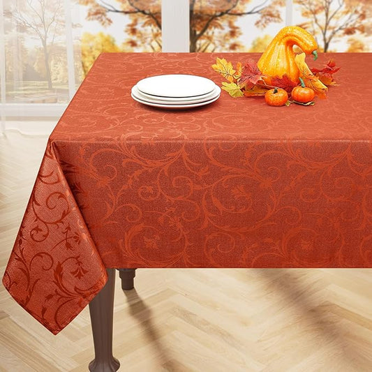 misaya Rectangle Thanksgiving Tablecloth, Waterproof Jacquard Fall Table Cloth, Damask Cloth Table Cover for Harvest Decor (60" x 84", Rust Vine Pattern)