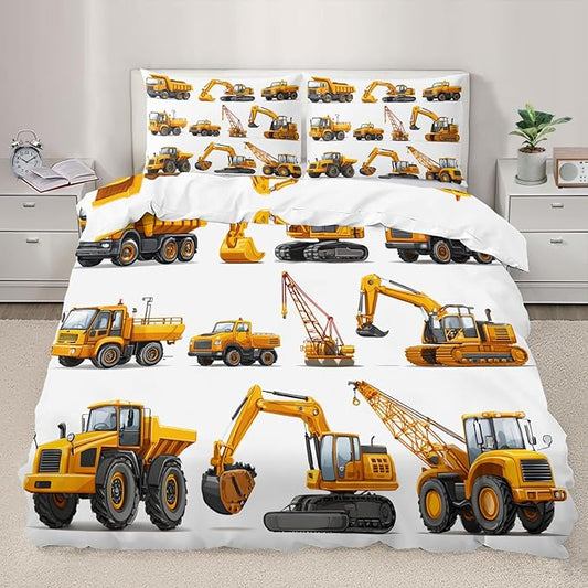 Construction Truck Bedding Set King Size Construction Vehicles Duvet Cover Excavator Dump Truck Crane Comforter Cover Children Machinery Cars Comforter Set with Pillowcases for Bedroom