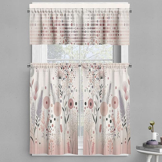 Ambesonne Pastel Valance & Tier Curtain 3 pcs Set, Pastel Abstract Botanical Ornament with Halftone Dots Delicate Meadow, Window Treatments for Kitchen Room Decor, 55" x 30", Blush Lilac and Eggshell