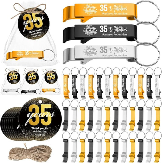 Dandat 54 Sets 35th Birthday Party Favors for Guests Birthday Beer Opener Keychain Cheers to 35 Bottle Opener Keychain with Thank You Cards and Gift Bags for Anniversary Wedding Party Favors