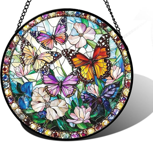 Stained Glass Window Hanging, Colorful Butterfly Suncatcher for Doors Home Sun Catchers Decoration and Christmas, Mother's Day Birthday Gifts for Women, Men, and Mom 11.8x11.8 in