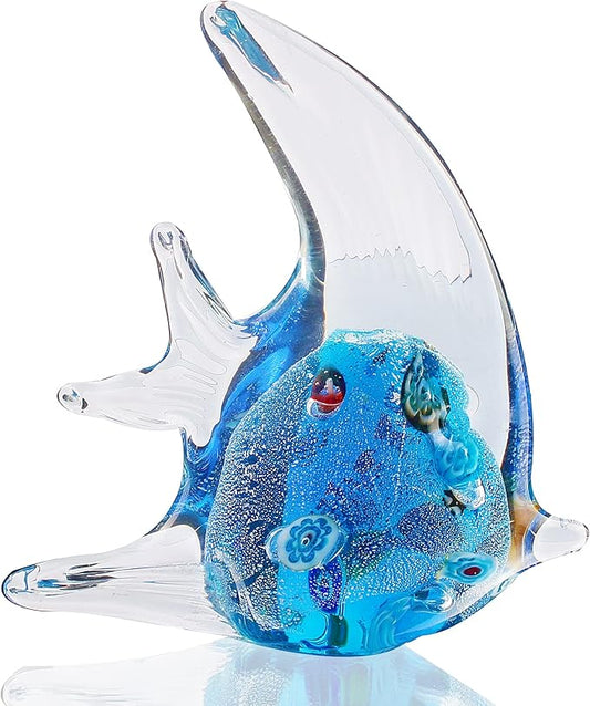 Hophen Angel Fish Art Glass Blown Handmade Sea Animal Figurine Sculpture Home Decor Collectible Statue Paper Weight Gift Ornament (Small Blue)