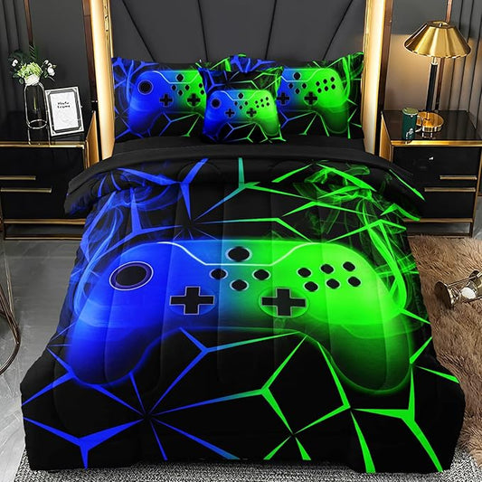 4 Pcs Gamer Full Bedding Set for Boys, Green-Blue Gaming Full Size Boys Comforter Set for Teens