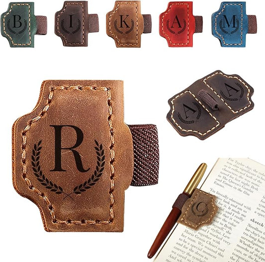 Magnetic Bookmarks with Pen Holder, 26 Letters Name Initia Personalized Leather Book Mark, Gifts for Book Lovers Readers Teacher Women Men