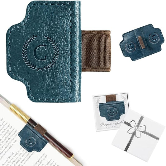 BygoneMark Magnetic Leather Bookmark with Pen Holder, Personalized Custom Initial Page Marker & Pen Clip, Professional Book Accessory for Students (Blue-C)