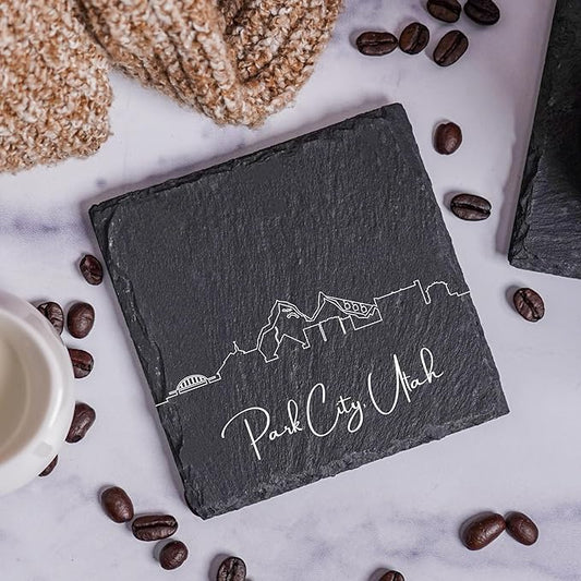 Blue Ridge Mountain Gifts - Park City UT Skyline Coasters, Set of 4 - Park City Utah Souvenir, Slate Coasters with Minimalist Skyline, Housewarming Gift for Friends, Family, & Neighbors