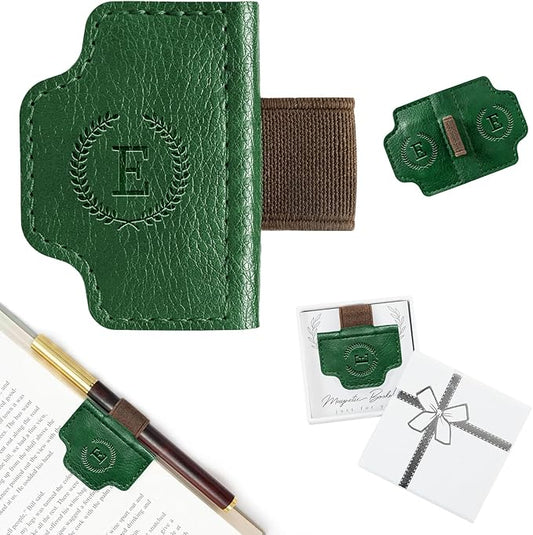 BygoneMark Magnetic Leather Bookmark with Pen Holder, Personalized Custom Initial Page Marker & Pen Clip, Professional Book Accessory for Students (Green-E)