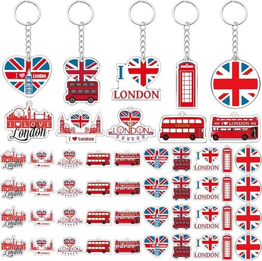 50 Pcs London Souvenirs Acrylic Keychain Gifts Bulk London Keychain Bus Telephone Booth British Flag Travel Souvenirs