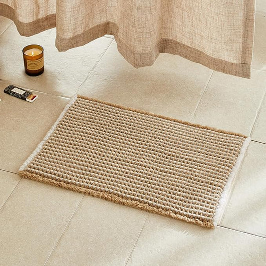 Waffle Bath Mat, Boho Bathroom Rugs Non Slip Washable Super Absorbent Quick Dry Bath Mat Farmhouse Bathroom Decor, 30"x20" Khaki and White