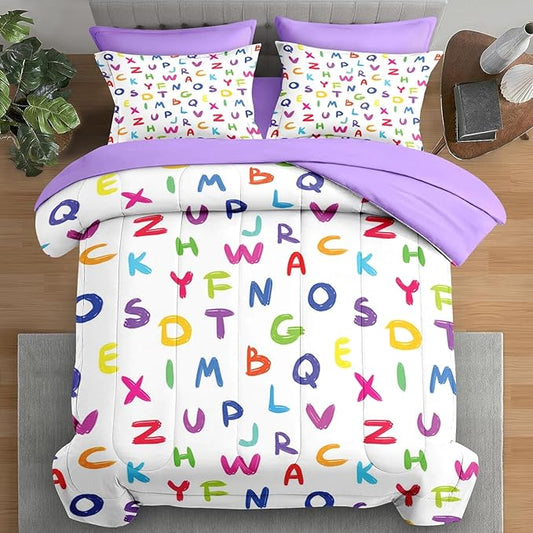 Comforter Set Queen Size, Kids Alphabet 7 Pcs Bedding for Kids and Adults, Multicolored English Preschool Bed Sheet Sets with Fitted Sheet 2 Pillowcases & 2 Shams for Bedroom Bed Decor
