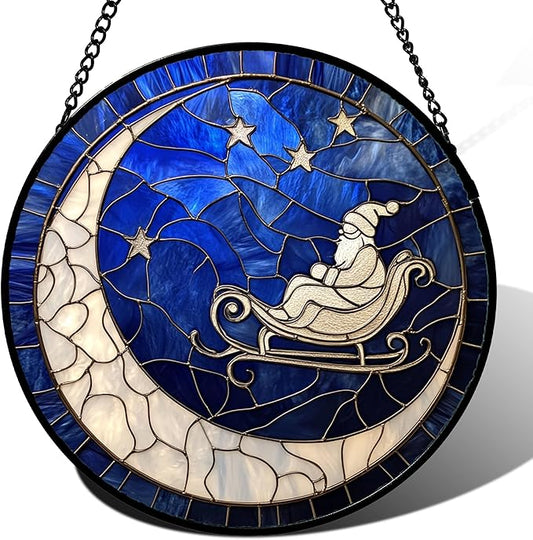 Stained Glass Window Hangings - Blue White Moon Stars Suncatcher for Door Home Christmas Decor Dream Sun Catcher Thanksgiving New Year Birthday Gifts for Women Men Mom Nana 15 in