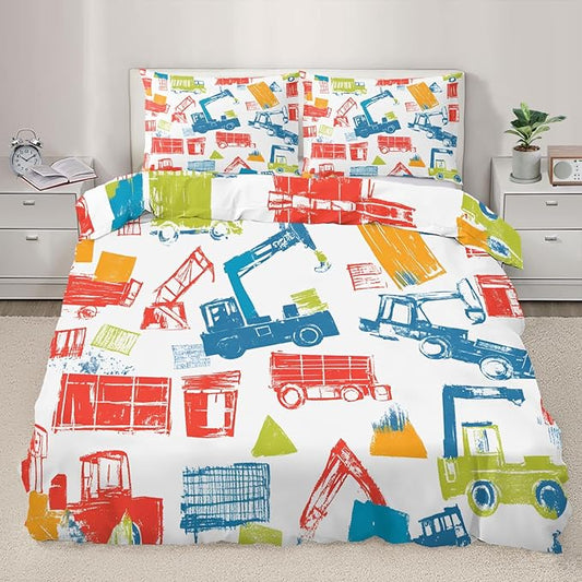 Crane Truck Duvet Cover California King Graffiti Construction Vehicles Bedding Set Machinery Truck Cars Comforter Set Kids Engineering-Themed Duvet Cover with Zipper Ties for Bedroom