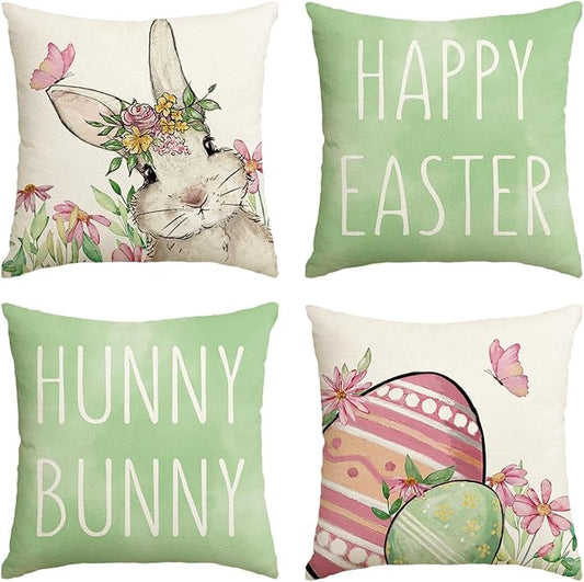 AVOIN colorlife Happy Easter Hunny Bunny Green Throw Pillow Covers, 16 x 16 Inch Easter Eggs Bunny Spring Cushion Case for Sofa Couch Set of 4