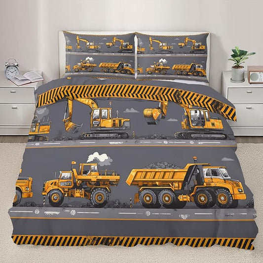 Construction Vehicles Bedding Set Oversized King Excavator Dump Truck Duvet Cover Industrial Style Comforter Cover Machinery Car Bed Set with Pillowcases for Bedroom