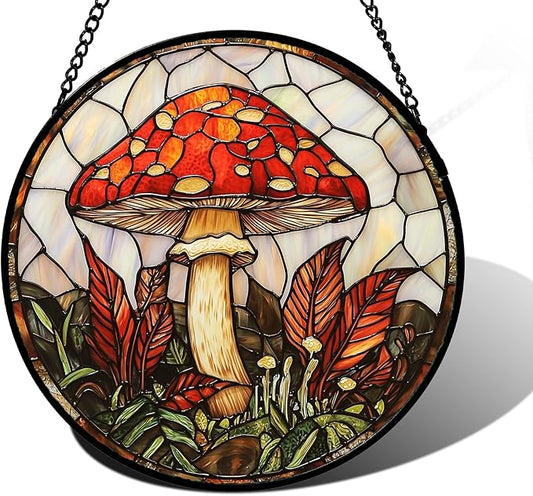 Stained Glass Window Hanging, Big Red Mushroom Suncatcher for Doors Home Sun Catchers Decoration and Christmas, Mother's Day Birthday Gifts for Women, Men, and Mom 6.3 in