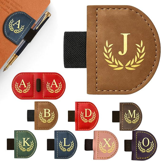 Personalized Leather Magnetic Bookmark with Pen Holder, Custom Bygone Mark Bookmark with Pen Holder, Custom Bookmarks with 26 Letters for Reading Women, Men, Teachers, Book Lovers（Brown，J）