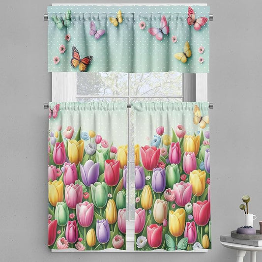 Ambesonne Spring Valance & Tier Curtain 3 pcs Set, Colorful Tulip Garden and Flying Butterflies with Vintage Polka Dots, Window Treatments for Kitchen Room Decor, 55" x 36", Mint Green and Multicolor