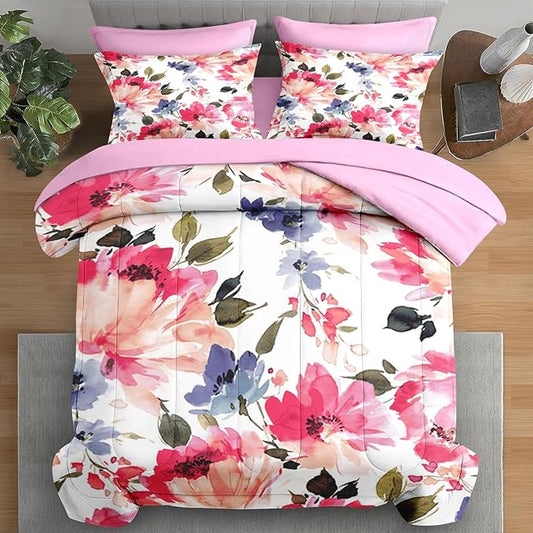 Comforter Set Queen Size, Flower Floral Leaf 7 Pcs Bedding for Kids and Adults, Painting Summer Spring Bed Sheet Sets with Fitted Sheet 2 Pillowcases & 2 Shams for Bedroom Bed Decor