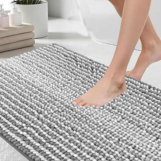 HDFK Bath Mat & Bathroom Rug - Slim Chenille Shower Carpet, Ultra Soft Non-Slip with Odorless Hot Melt Base, Machine Washable Medium-Height Striped Design for Bathtub Floor (36x24 Inch, Gray & White)