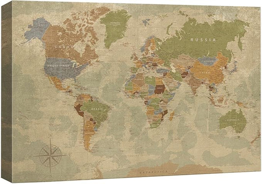 wall26 Canvas Print Wall Art Antique Style Colorful Political World Map Digital Art Modern Art Traditional Colorful for Living Room, Bedroom, Office - 16"x24"