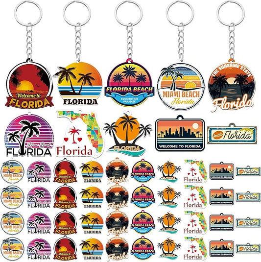 50 Pcs Florida Souvenirs Acrylic Keychain Gifts Bulk United State Keychain Palm Tree Sea Sun Map Travel Souvenirs