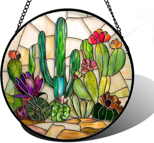 Stained Glass Window Hanging, White Green Cactus Suncatcher Diamond Glass Panel Hangings Sun Catchers Decor for Birthday for Women, Men, Wife, Aunt, and Mom 7.8 in