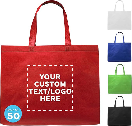 DISCOUNT PROMOS Custom Jumbo Sized Tote Bags Set of 50, Personalized Bulk Pack - Reusable Grocery Bags, Shopping Bags, Promotional Item Totes for Women - Red