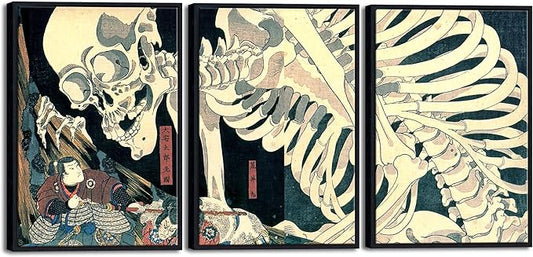 Wieco Art Black Framed 3 Piece Witch and Skeleton Ukiyo-E by Utagawa Takiyasha Historic Cultural Illustrations for Living Room Bedroom Home Decorations Artwork