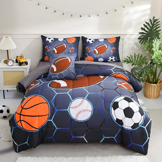 6 Pcs Bed in A Bag Twin Size Comforter Sets for Boys,Sports Bedding Sets,Baseball Soccer Basketball Football Comforter Sets with Sheets for Kids Teens
